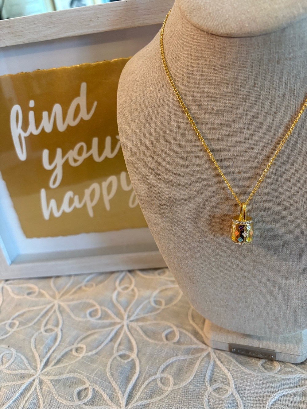 Gold Tone Multicolor Floral Enamel Padlock Pendant Necklace